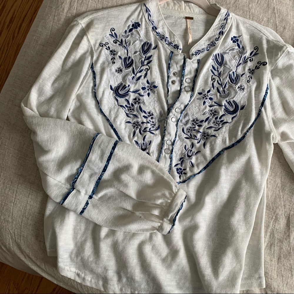 Free People Embroidered White Top